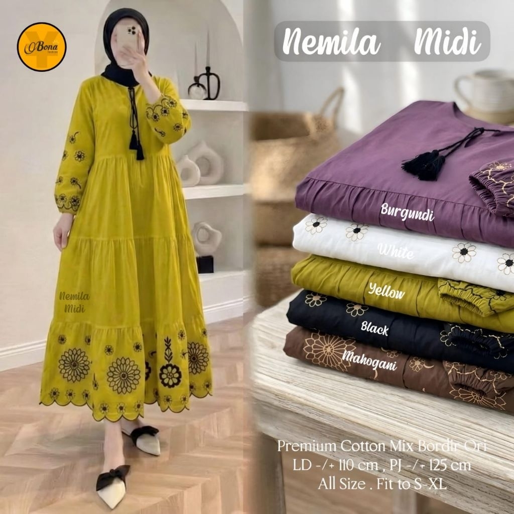 (COD) TUNIK KATUN POLOS BORDIR MIDI PREMIUM // NEMILA // MALITA // WIMA TUNIK // BY BONA