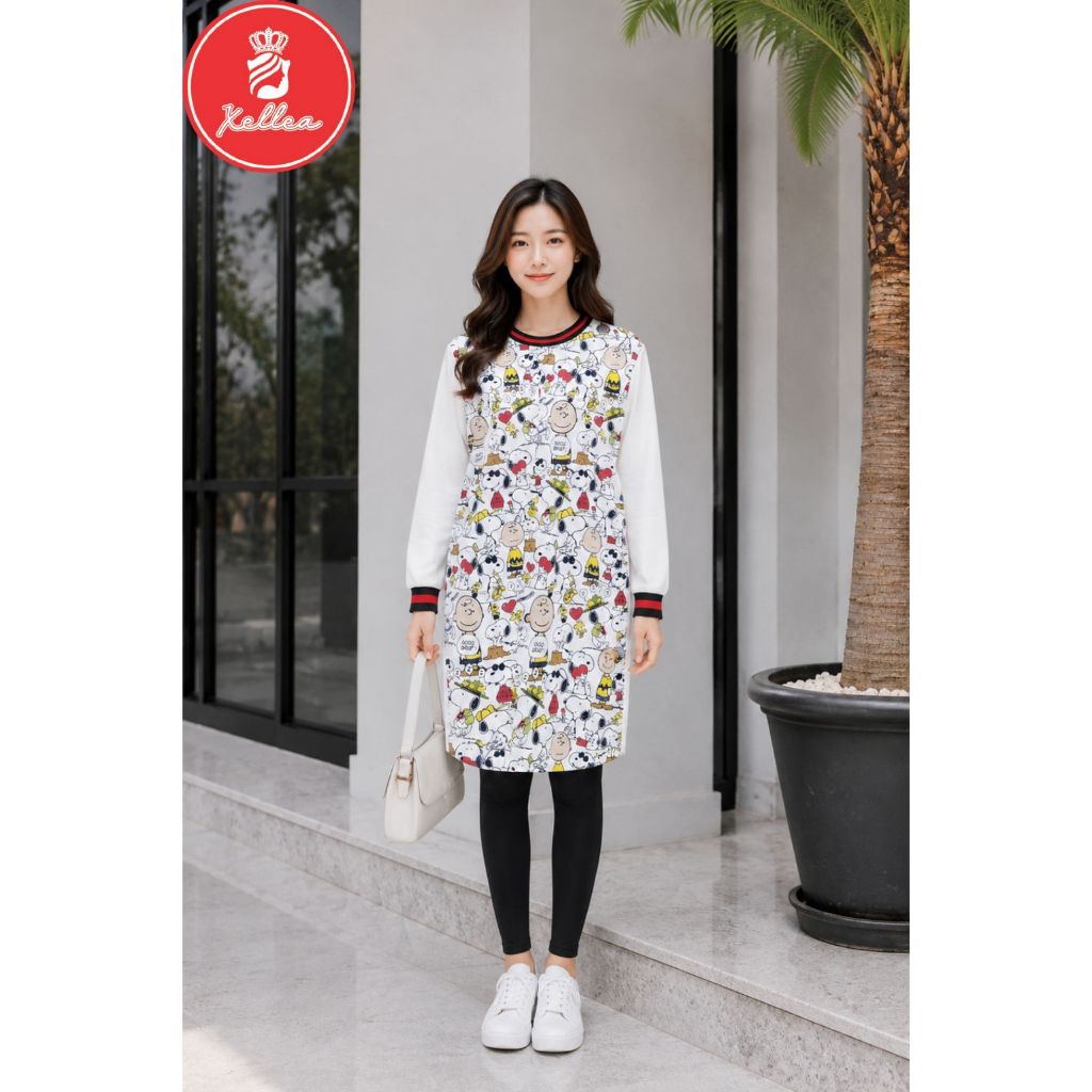 Tunik Putih Scuba Adem Baju Atasan Wanita Fashion Wanita Motif Kartun Snoppy Kain Spandex - XELLEA