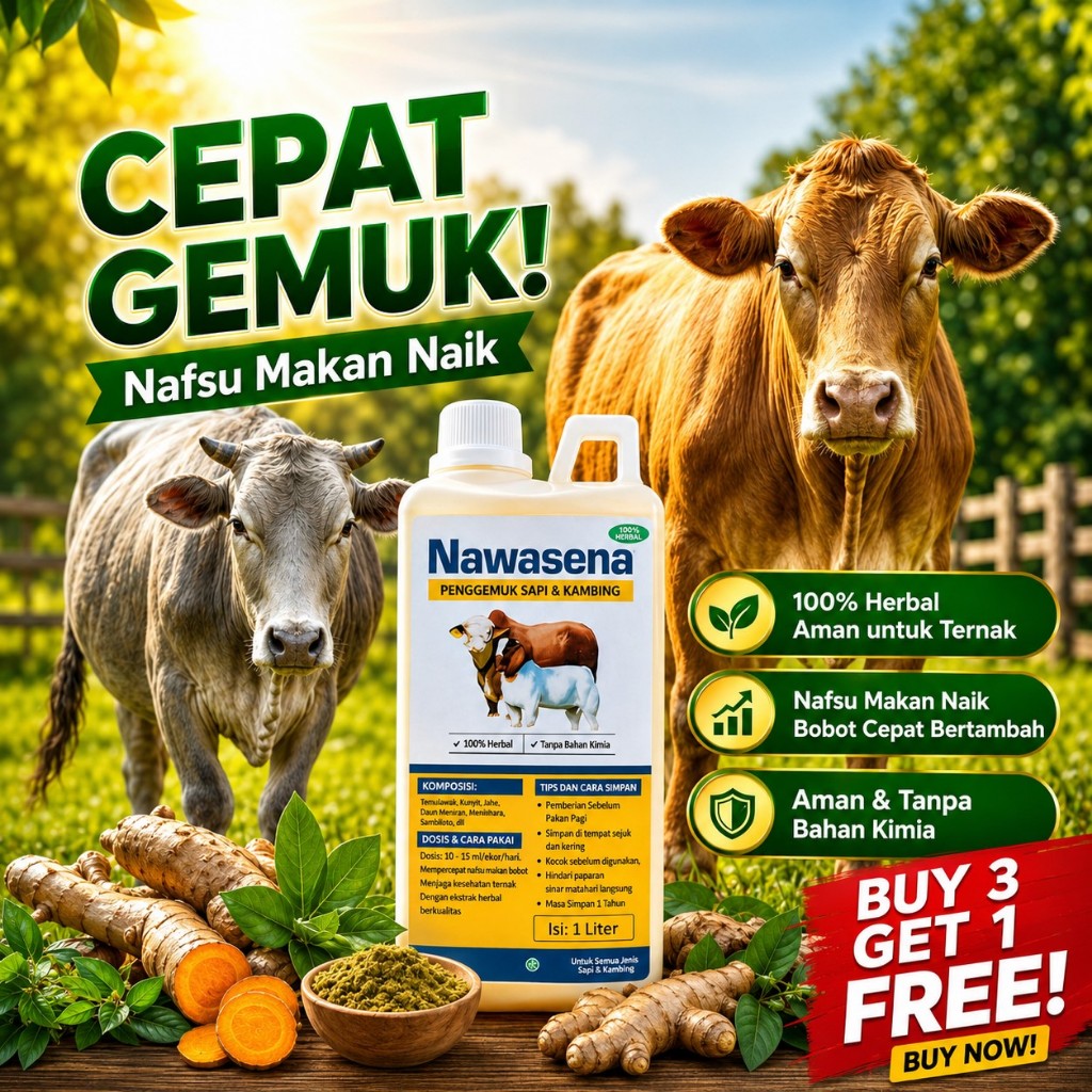 Nawasena 1000ml penggemuk Sapi & Kambing Cepat – Nafsu Makan Naik, Bobot Cepat Bertambah, 100% Herba