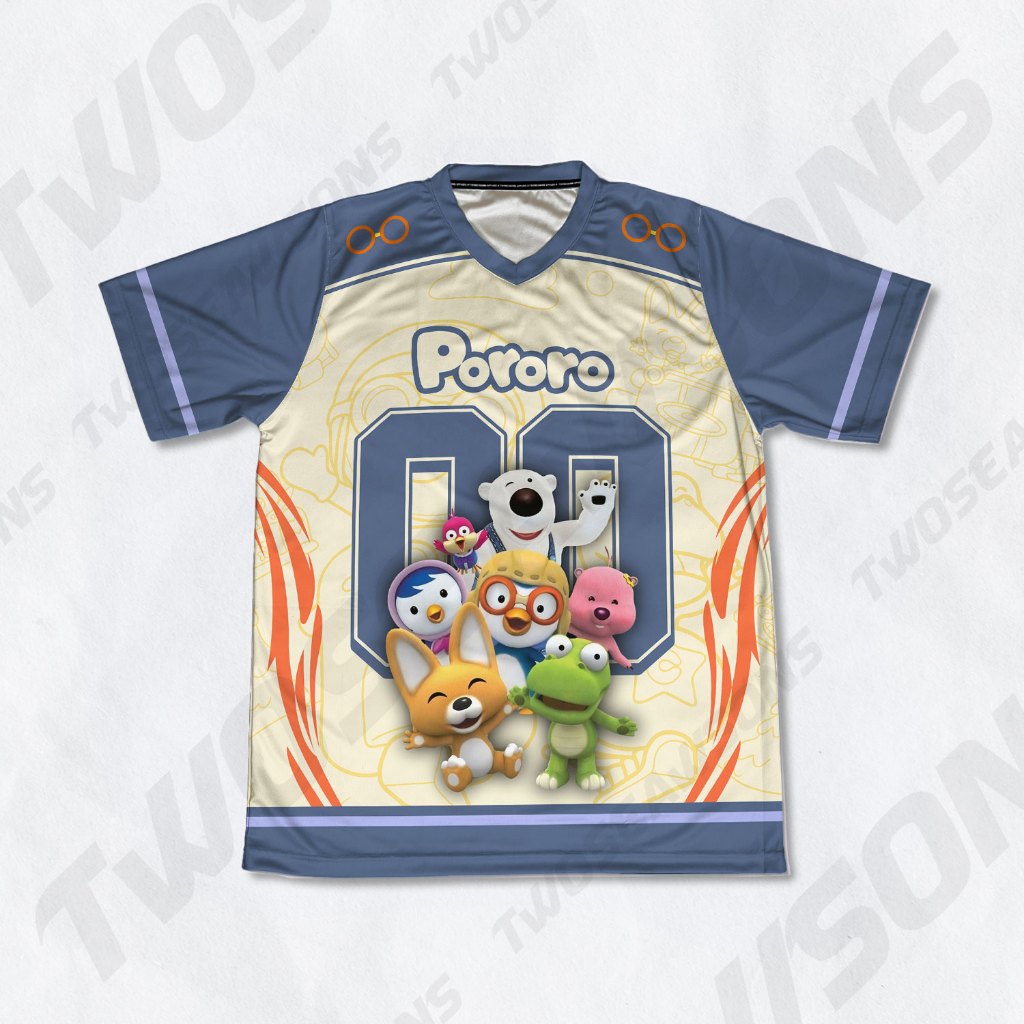 UBER SUBLIM - Kaos Jersey Anak Vintage PORORO art 1 V-NECK Edition Unisex Custom Full Printing