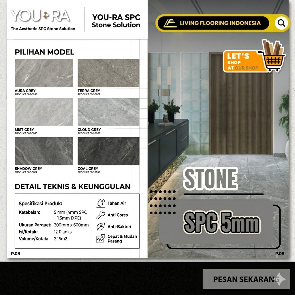 Lantai SPC YOURA Motif Stone Tebal 5.5 mm Solusi Lantai SPC Aesthetic