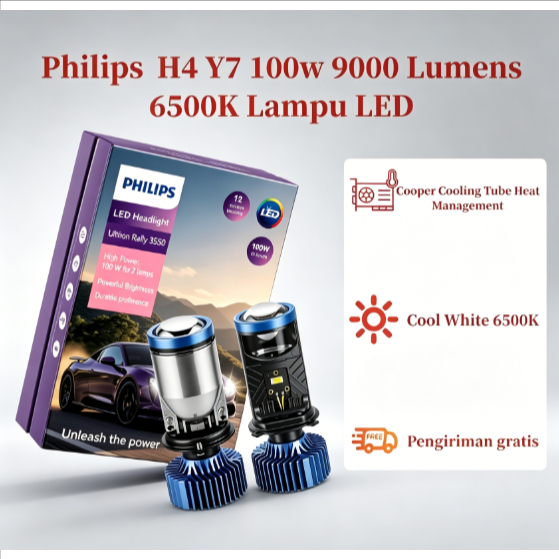 2PCS Philips H4 Y7 Lampu LED 100W 9000LM Mini Projie Mobil Motor
