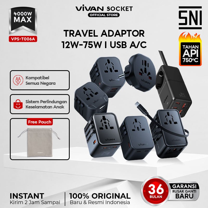 [SNI] VIVAN VPS-T Series Travel Adaptor Fast Charging GaN 75W 5A Universal Adaptor PD QC UK US EU Or