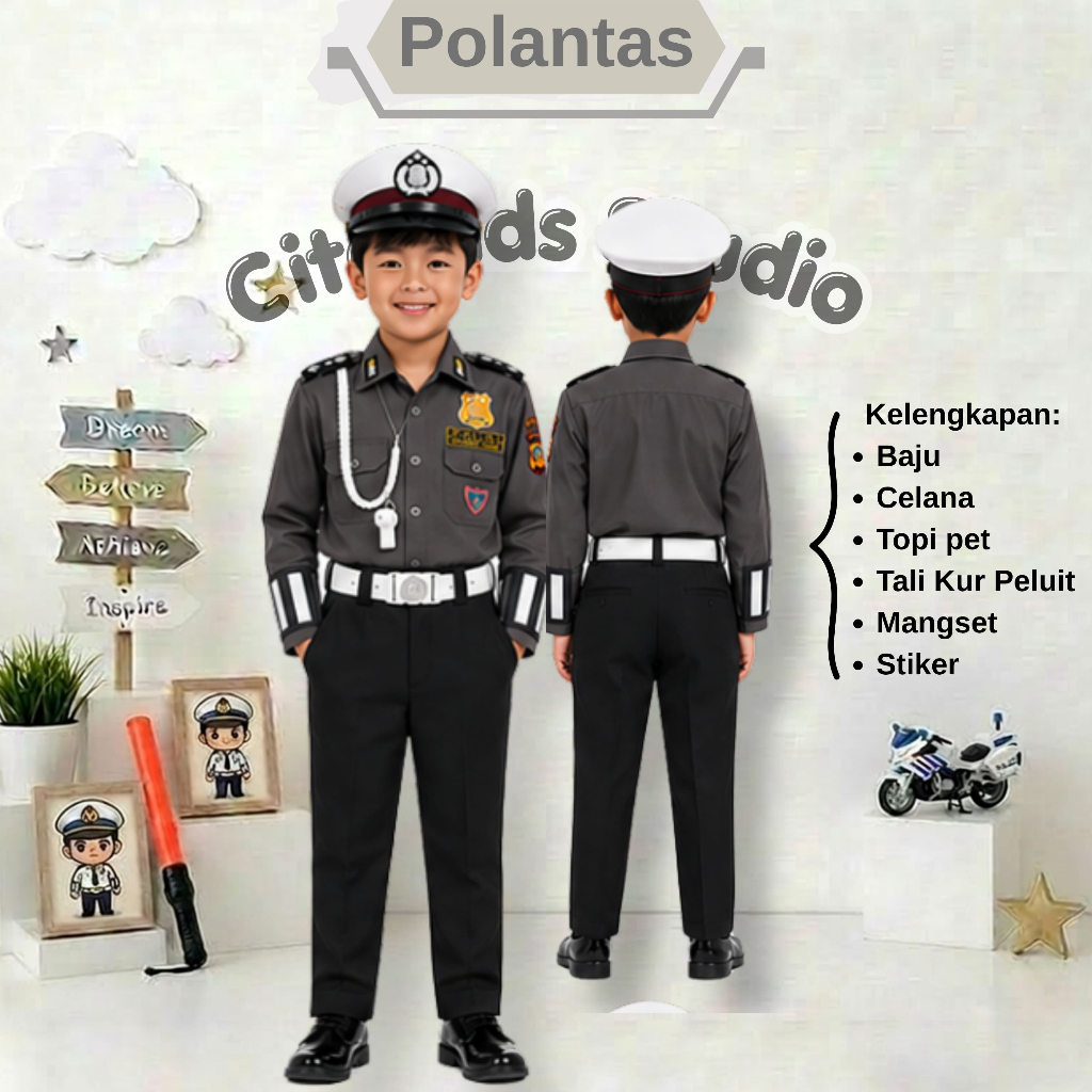 (BISA COD) Baju Polisi Korlantas Anak Free Stiker / Baju Kostum Karnaval Korlantas Polri American Dr