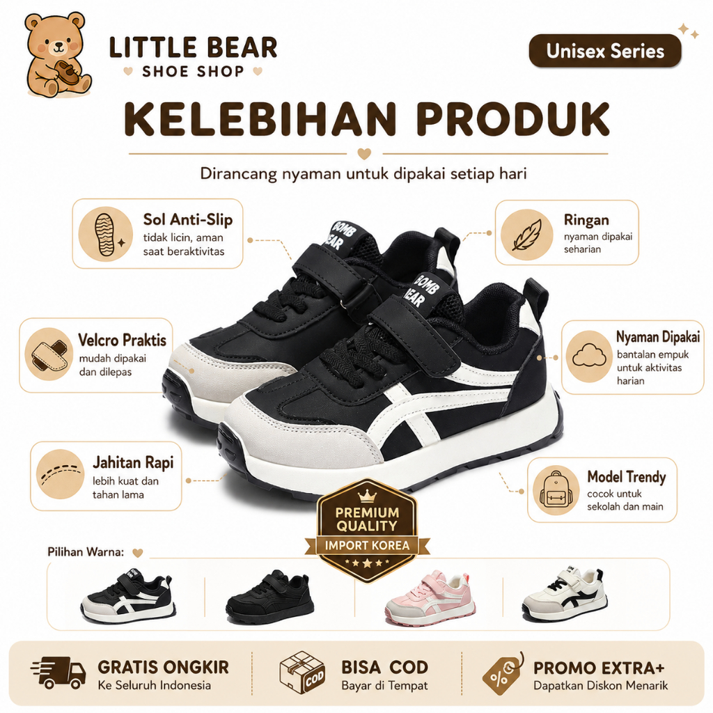 SALE 9.9 Little Bear - Sepatu Anak Sekolah Umur 3-12 Tahun PAUD TK SD Warna Hitam Full Black Putih P