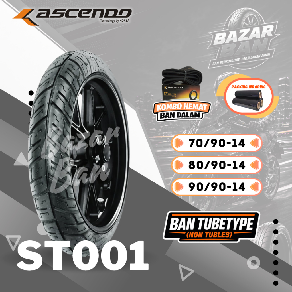 (PRODUKSI TERBARU) BAN ASCENDO NON TUBLES ST001 RING 14 / BAN ASCENDO TUBETYPE ( 70/90-14 / 80/90-14