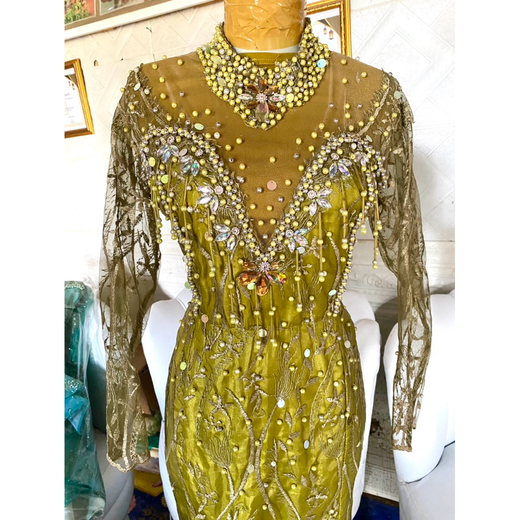 PL gaun pengantin slim dres Ekor lepas pasang warna hijau olive