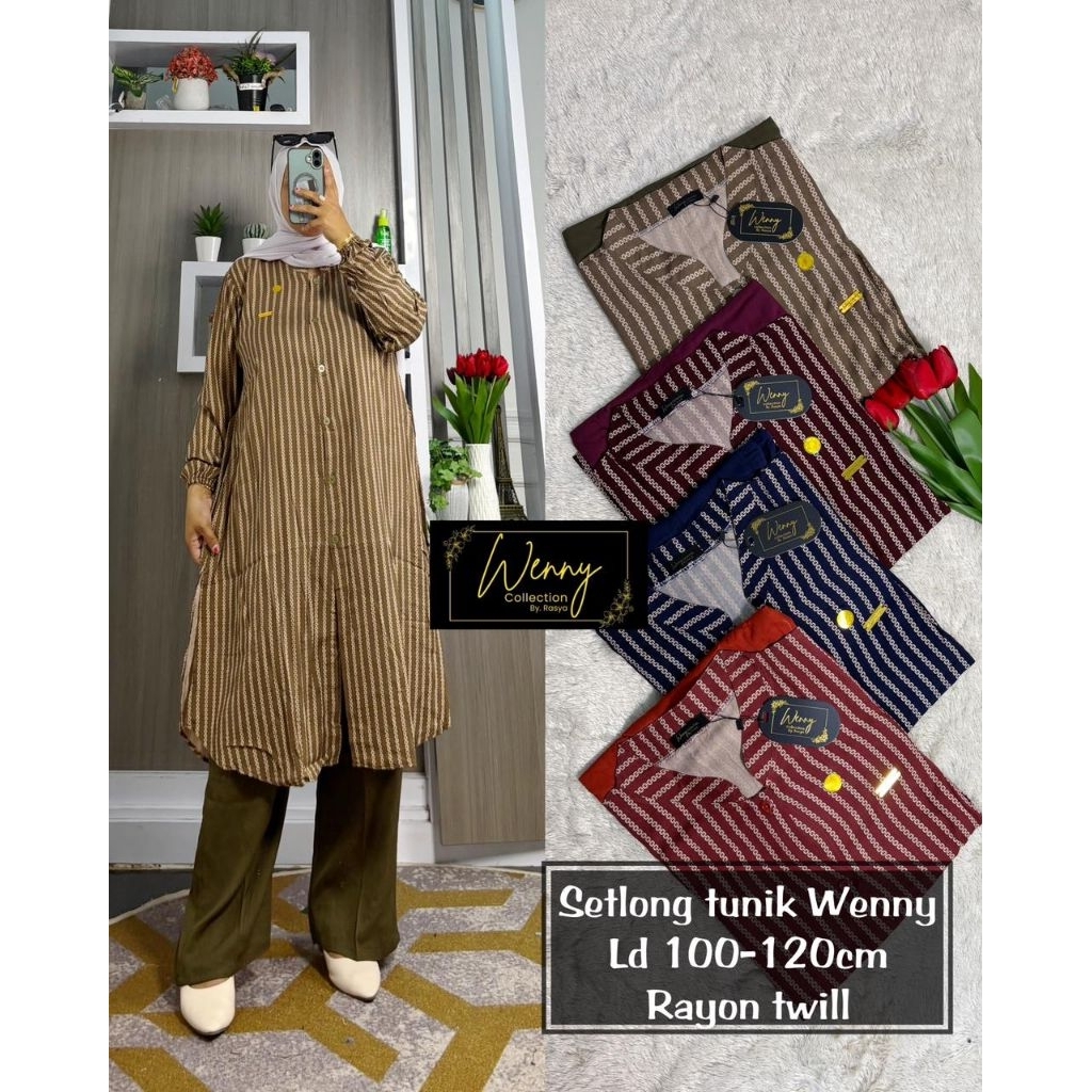 SETELAN LONG TUNIK RAYON MOTIF ABSTRAK GARIS TWILL WENNY