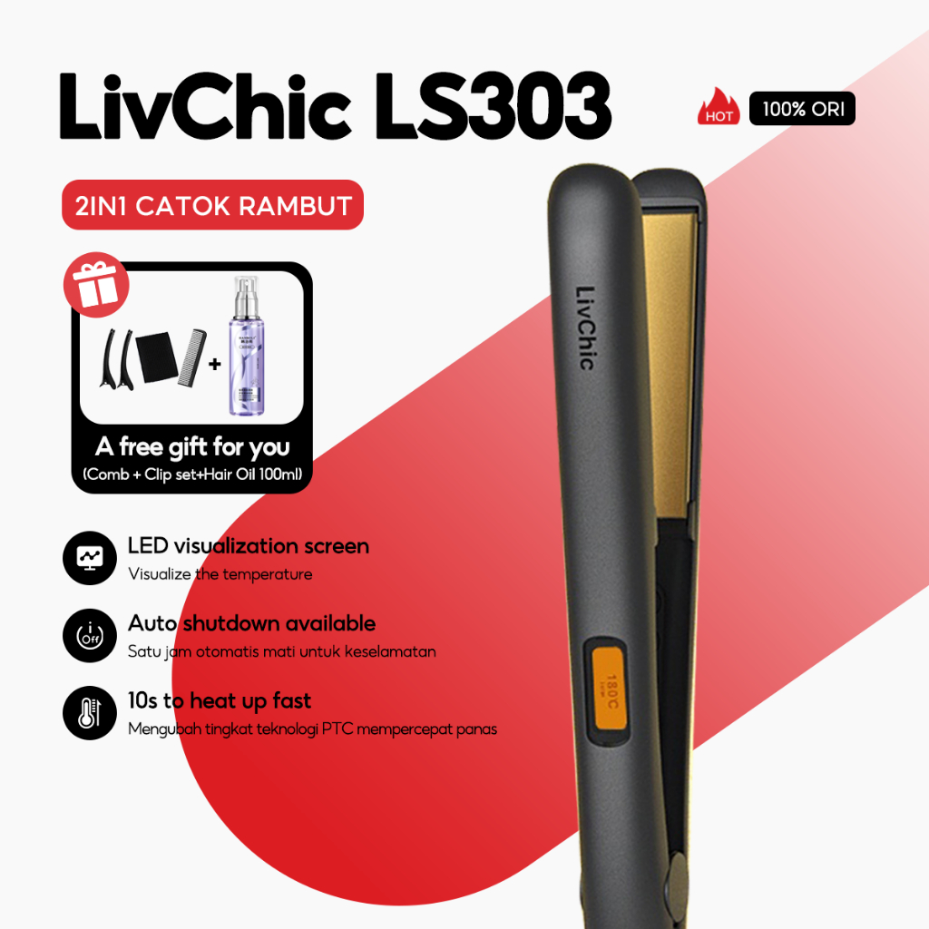 LivChic 2IN1 LS303 Catok Rambut untuk Meluruskan Keriting Ringan Alat pengeriting rambut