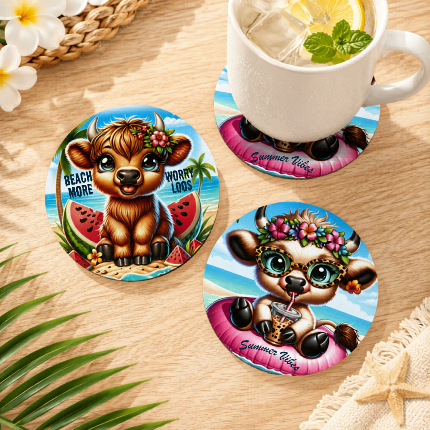 Coaster MDF Sublimasi Motif Sapi Summer Aesthetic Tatakan Gelas Lucu Anti Panas