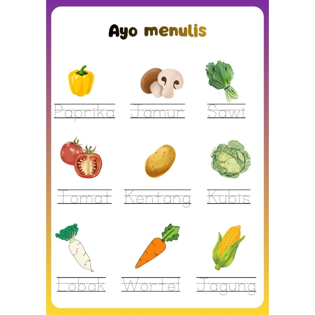 PDF PRINTABLE WORKSHEET ANAK TK TEMA SAYURAN (27 LEMBAR)