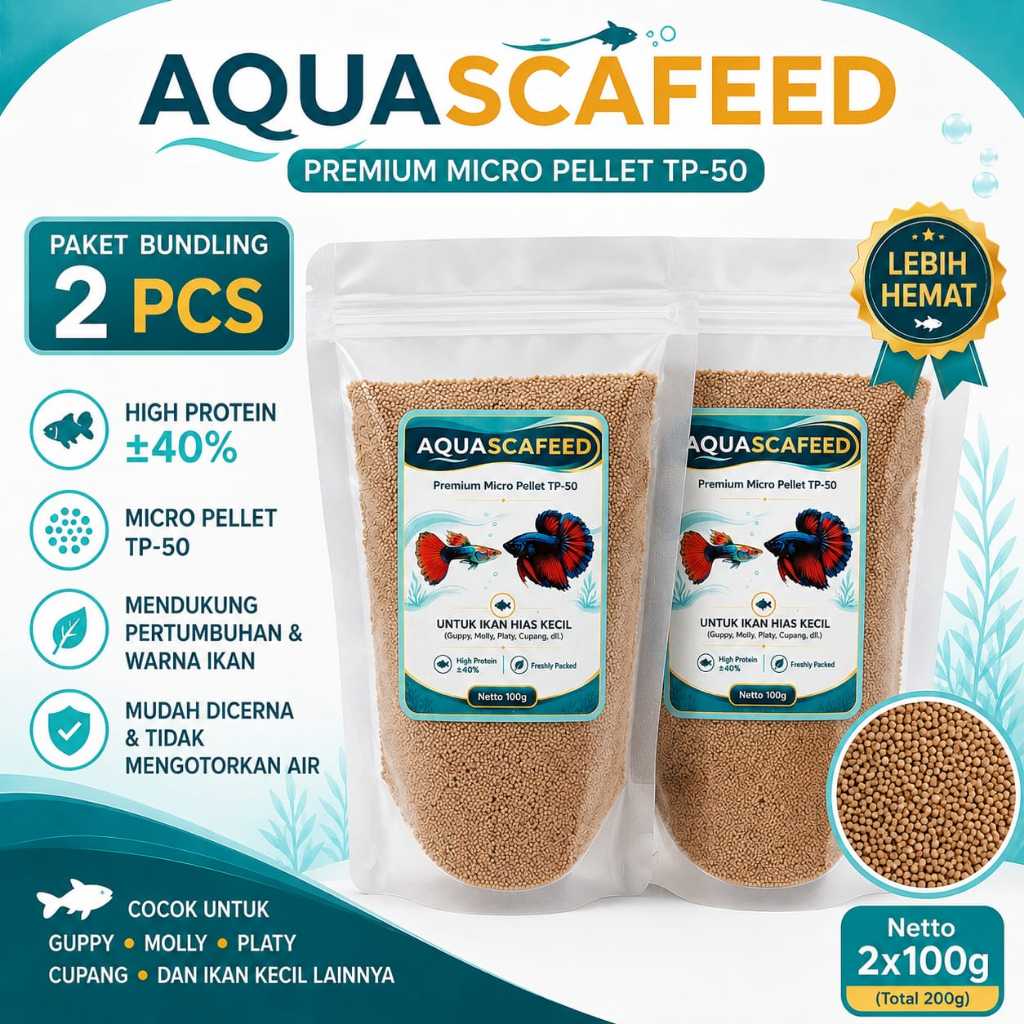 Pelet Ikan Hias Kecil Premium 100g x2 TP-50 0,5mm | Pakan Guppy Cupang Molly Platy | Aquascafeed Pak
