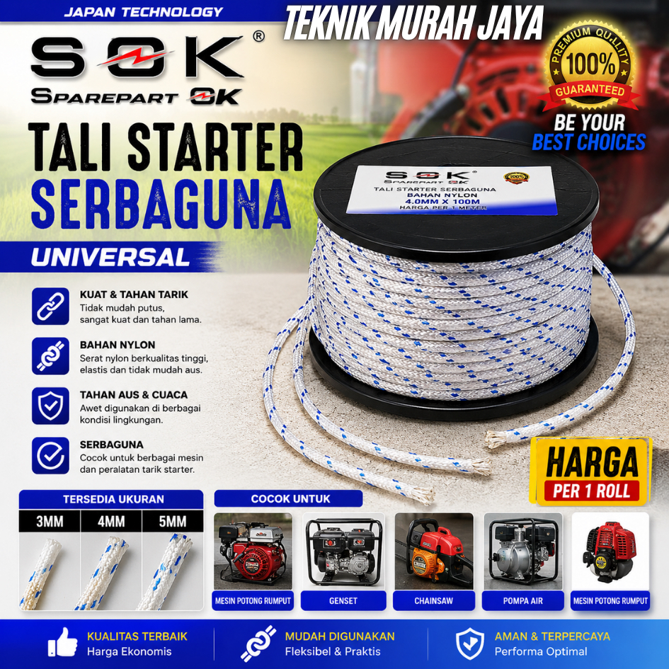 SOK FLOKY Tali Stater 3mm 4mm 5mm 1 ROLL / 100 METER / 100M Tali Pullstarter Engkol Nylon Serbaguna 