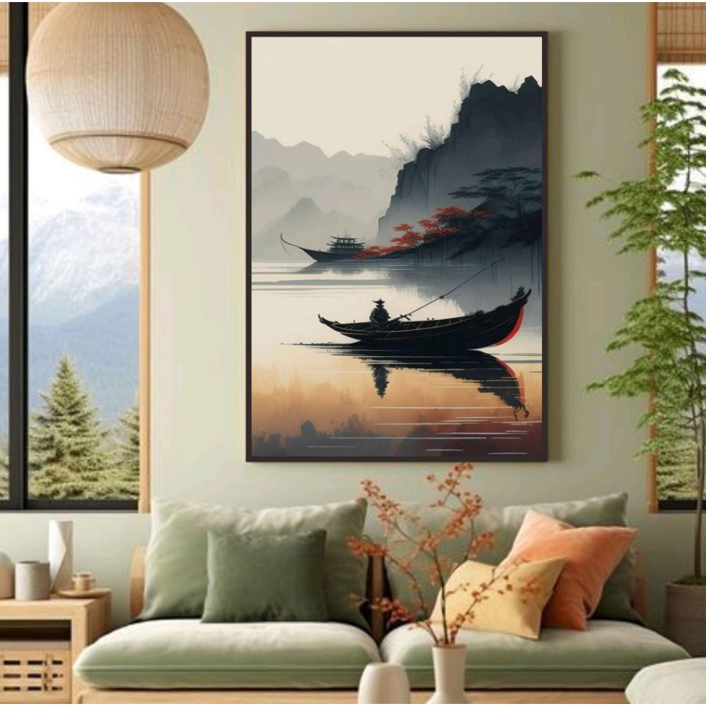 lukisan jepang lukisan pemandangan danou perahu seni dinding siap pajang