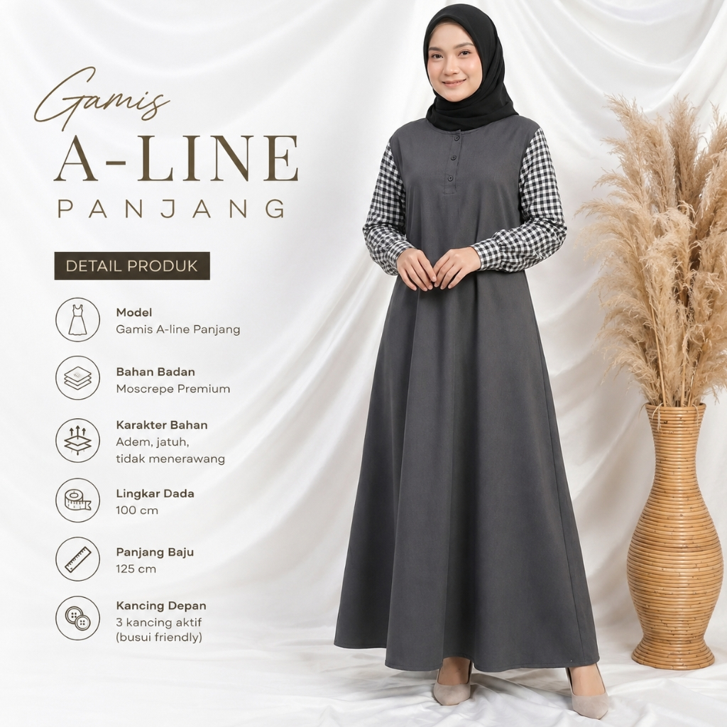Nayra Gamis Muslimah Wanita Dress Panjang A-Line Moscrepe Premium Busui Friendly Lengan Kotak Hitam 