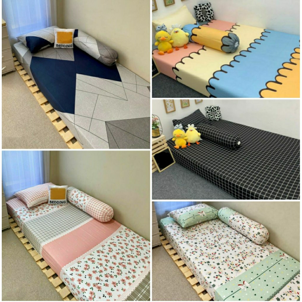 Sprei 120x200 90x200 Set Motif Aesthetic Katun Disperse Karet anti geser Kotak Emily Bunga Polos Hom