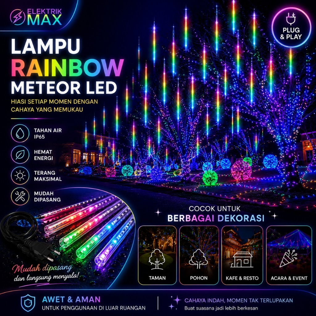 MONHA STORE Lampu Meteor LED Warna Warni 8 Batang 50cm waterproof Full Colour Estetik Cocok Untuk In