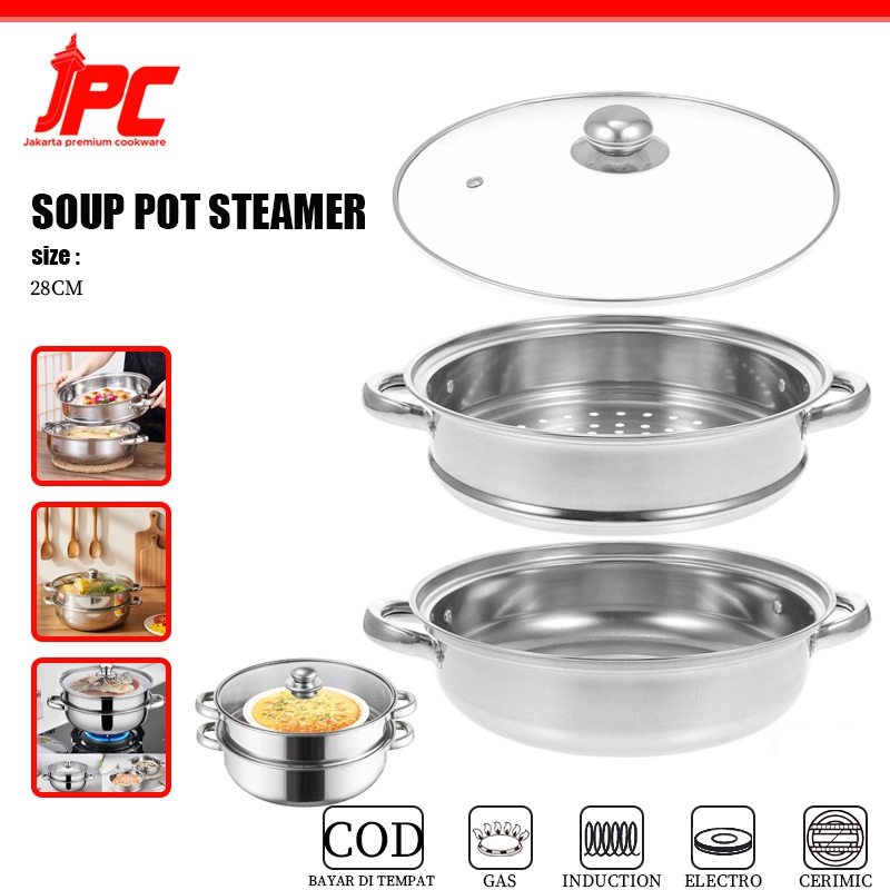 JPC 28CM Set Pengukus Stainless Steel Termasuk Panci Sup Pengukus Ikan Pengukus Bakpao Dan Pengukus 