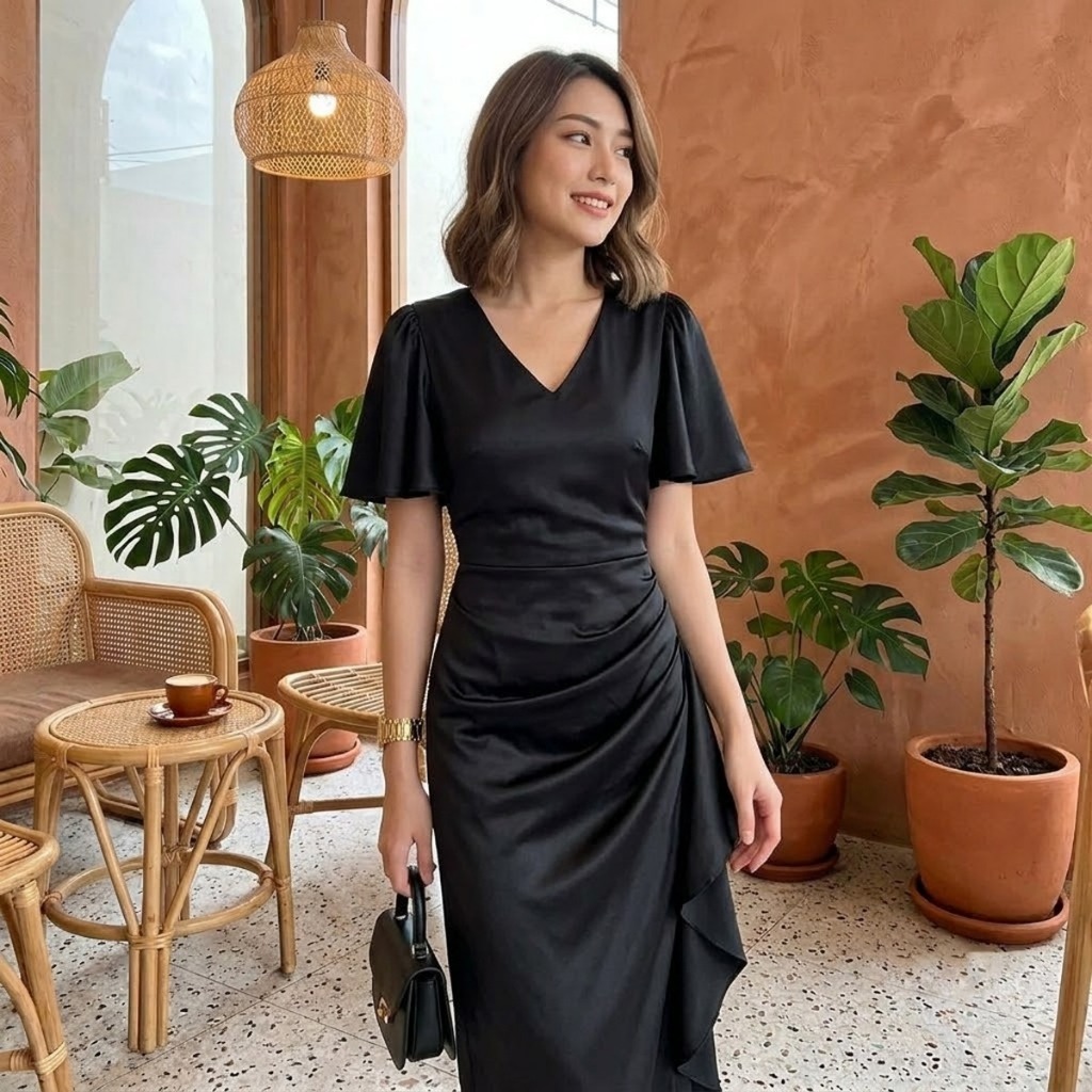 Zeizz Dress Wanita Rempel Gaun Pesta Gereja Natal Dress Panjang Satin Polos Hitam V Neck K106 Cantik