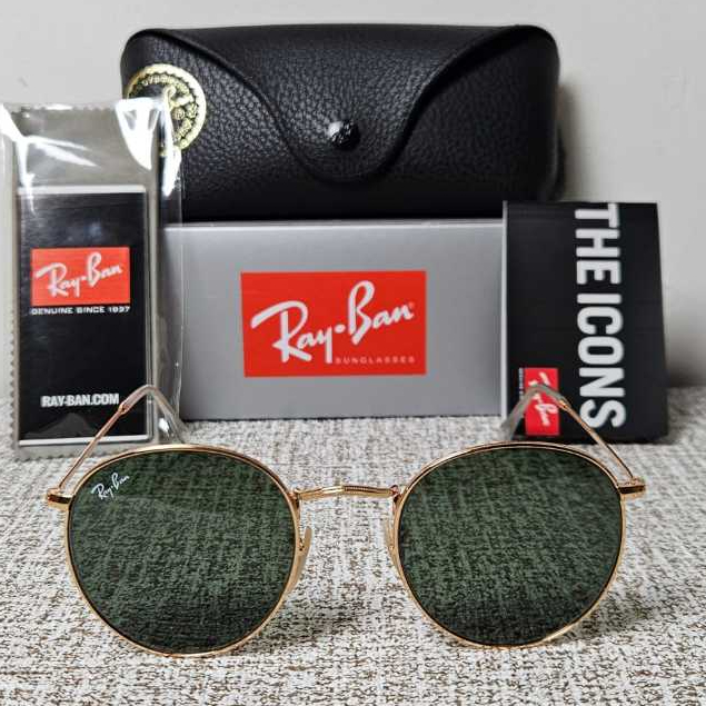 Kacamata Rayban Round Metal RB3447 Gold Lens Green Original