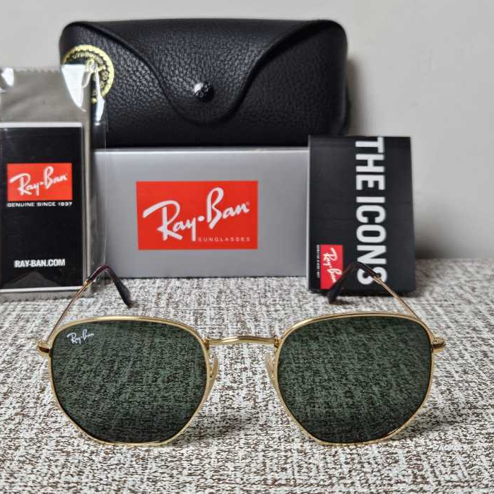 Kacamata Rayban Hexagonal RB3548N 001 Gold Lens Green Original
