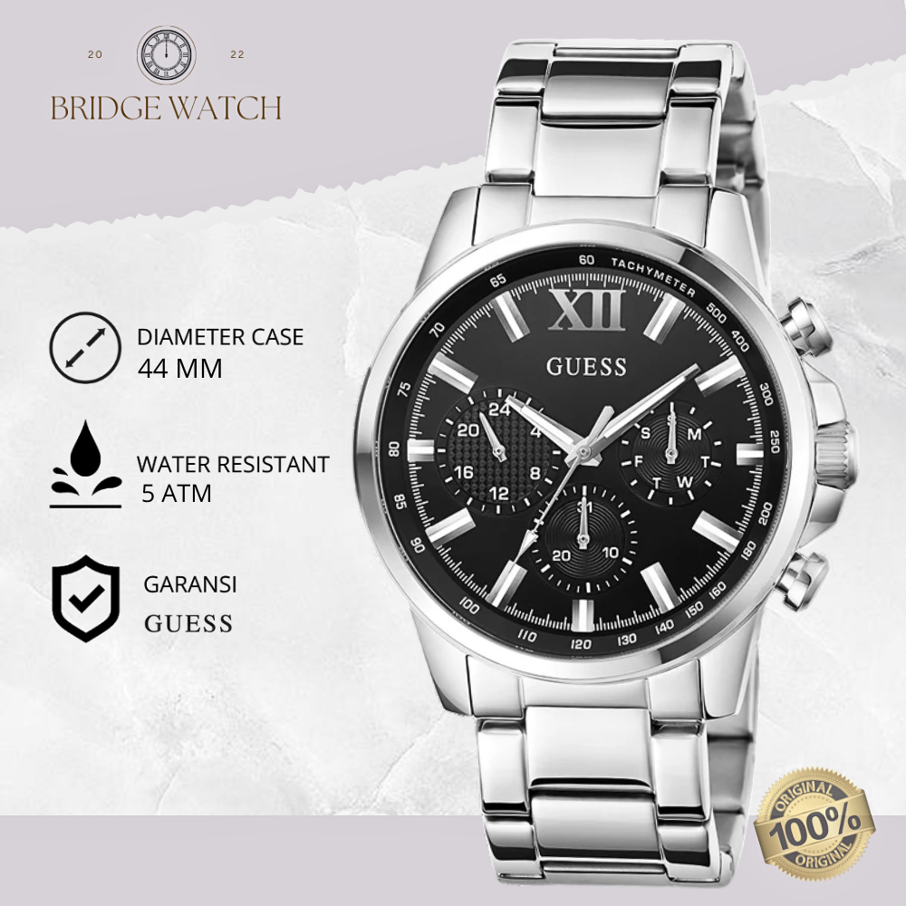 Jam Tangan Pria Guess GW0900G1 Chronograph Black Dial Case Silver Stainless Steel Strap Rantai Mewah