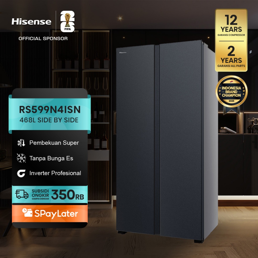 Hisense Kulkas RS599N4ISN Refrigerator Side By Side Kapasitas 468L Warna Abu Inverter Pro Tanpa Bung