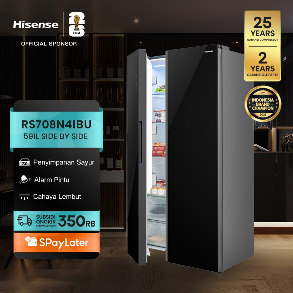 Hisense Kulkas RS708N4IBU Refrigerator Side By Side Kapasitas 591L Warna Hitam Inverter Tanpa Bunga 