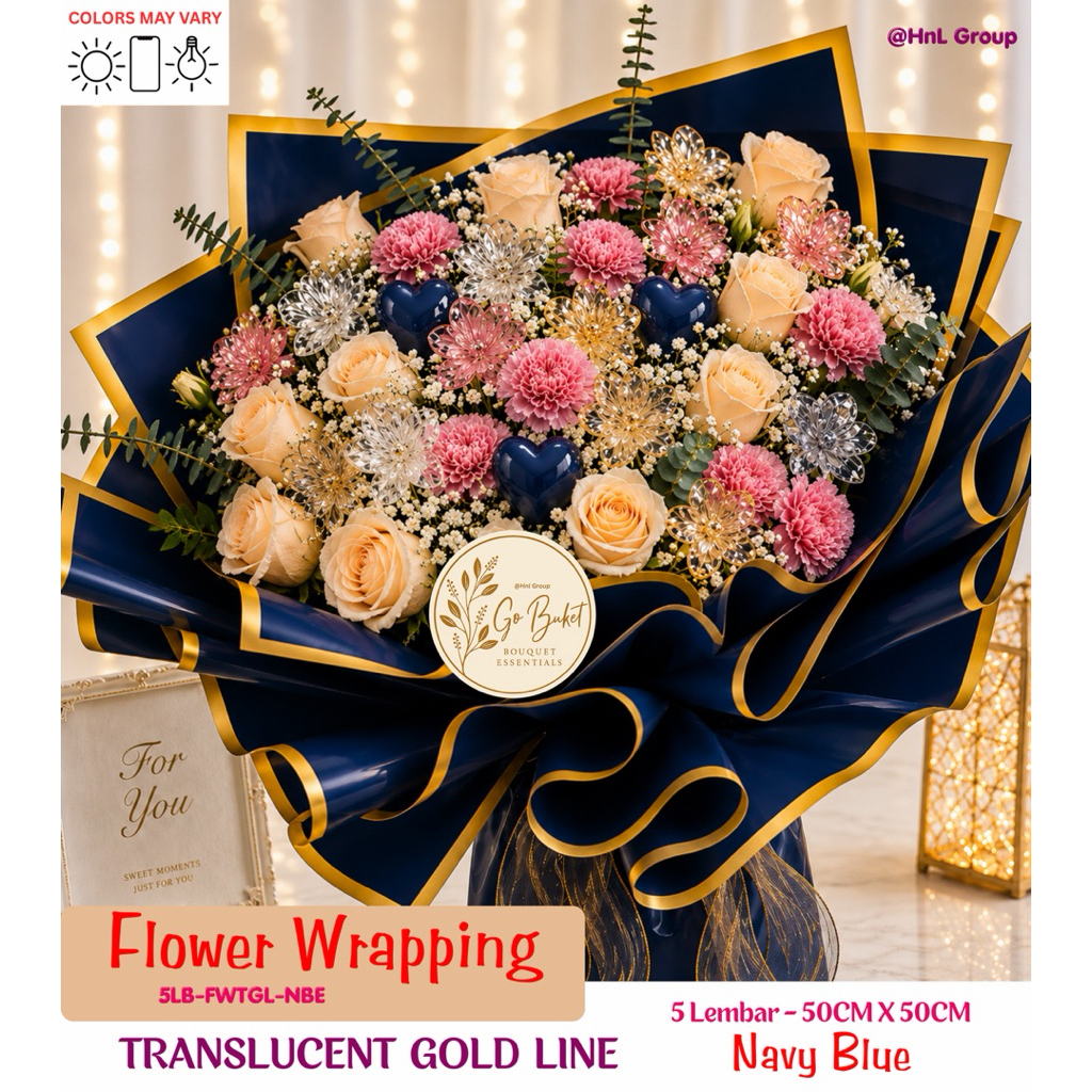 ( 5 Lembar ) TRNSLUCENT GOLD LINE - FLOWER WRAPAPING PAPER CELLOPHANE GOLD LINE COLOR