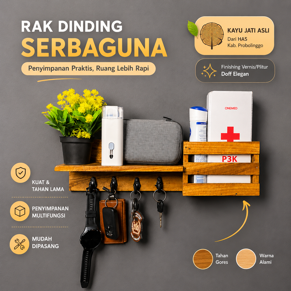 Rak Multifungsi Jati Asli | Rak Kayu Dinding Minimalis Serbaguna Aesthetic Plitur/Varnis Doff Elegan