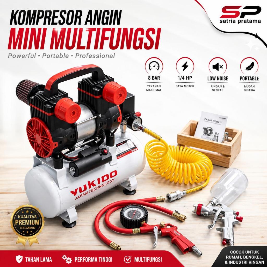 PAKET Kompresor Angin 10 Liter silent Yukido + selang spiral 6 meter + spraygun semprot cat paket be