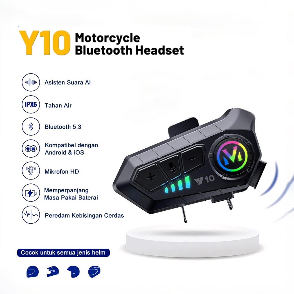 Headset Helm Intercom Y10 Bluetooth 5.3 Earphone Motor Bluetooth Headphone IPX6 Tahan Air