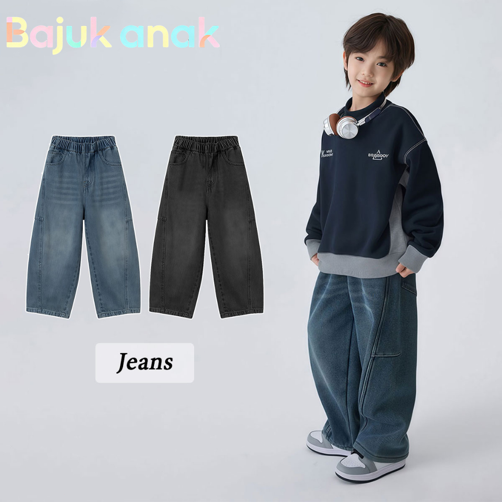 Jeans Anak Laki-Laki Celana Jeans Anak Laki-laki Hitam Longgar Kasual Usia 4-14 Tahun