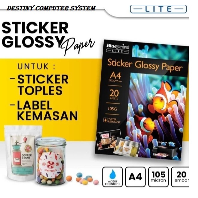 Kertas Glossy Sticker  Blueprint Lite A4 210x297mm 105g  Water Resistant isi 20sheets BL-GSA4105