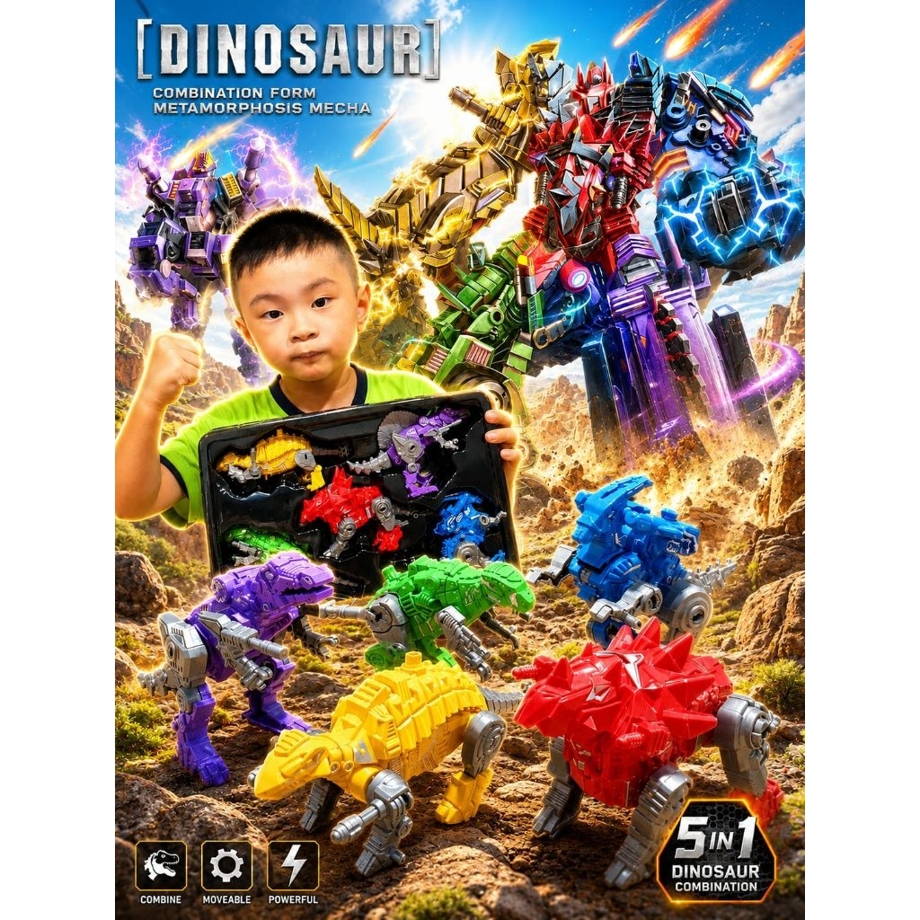 Mainan Robot Dino 1 Paket Isi 5 Pcs Bisa juga Bergabung Jadi Robot