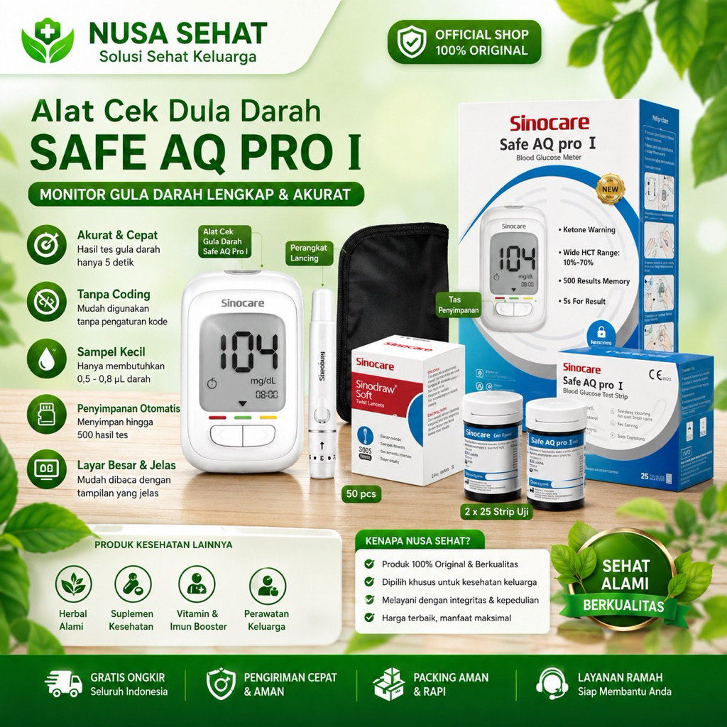 NusaSehatID Paket Hemat alat cek gula darah, sinocare safe aq pro i, glukometer digital, alat tes gu