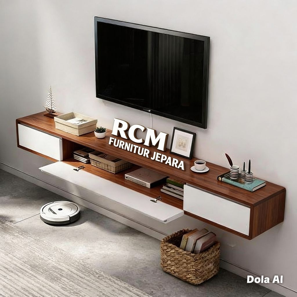 Meja TV Gantung Minimalis Kayu Solid Natural Pintu Putih