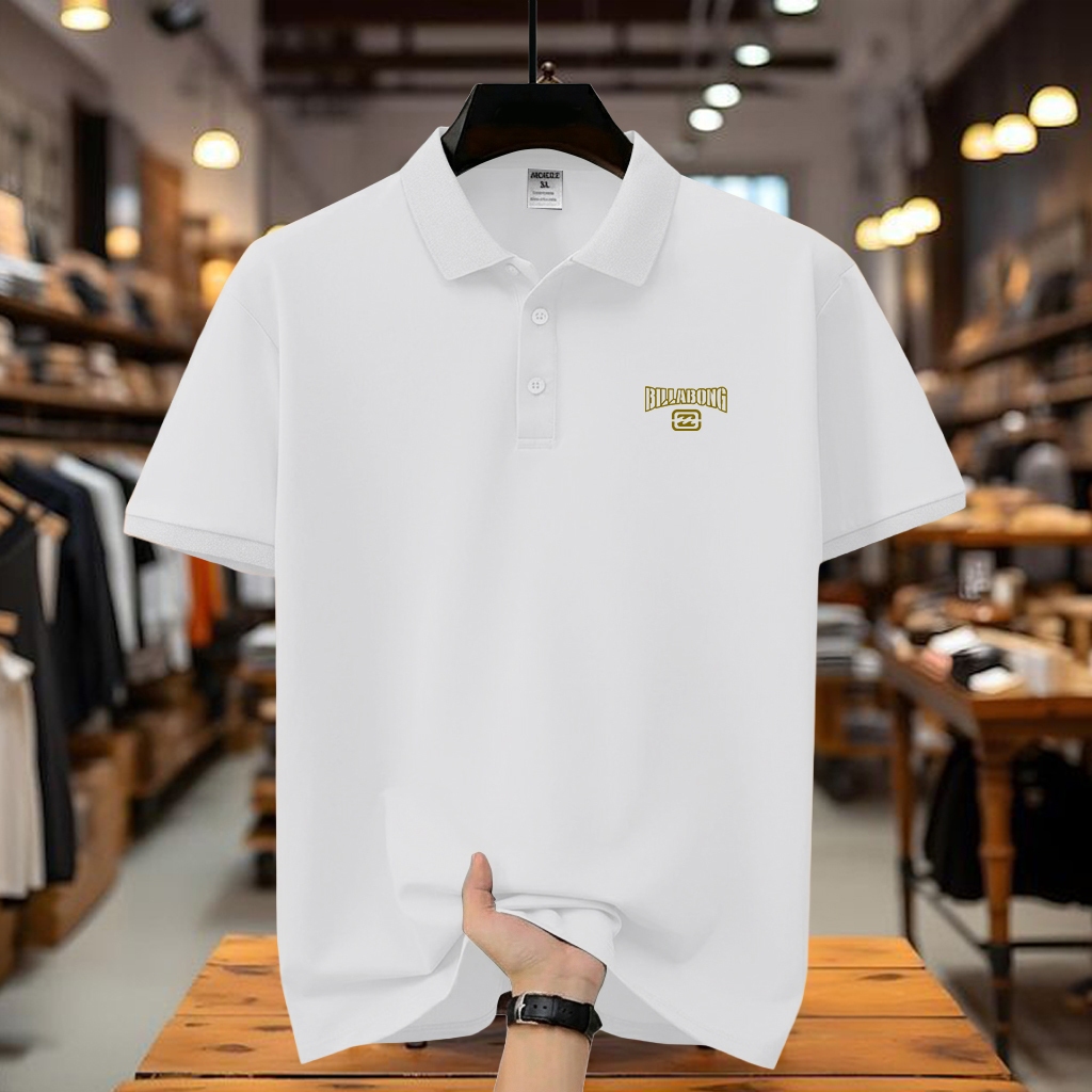 COD T-shrit POLO kerah Billabong Teks Logo Kiri Gold Kaos Kerah Dewasa Shirt / Kaos Wangki Pria Polo