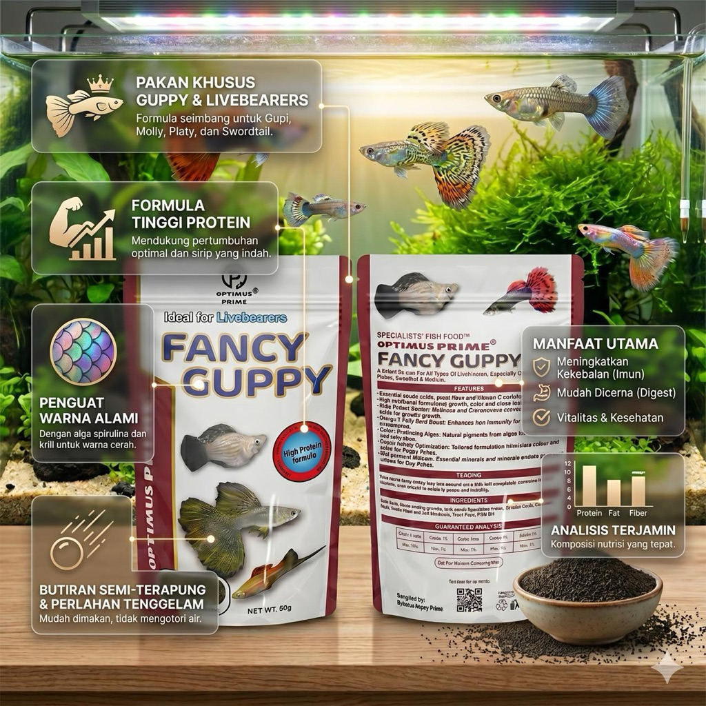 Pelet Ikan Fancy Guppy Optimus Prime/ Pengganti Pelet MeM Net 50 Gram/ Ikan Molly Platy Swordtail