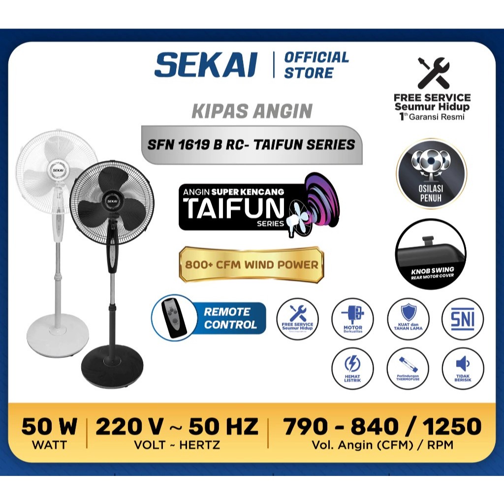 Sekai Kipas Angin Berdiri SFN-1619B RC Stand Fan 16 Inchi Remote Control Low Watt Garansi Resmi