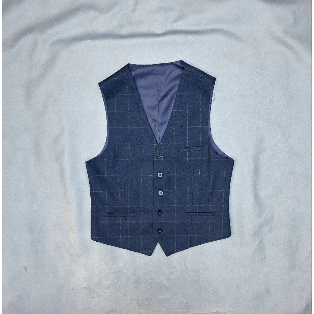 RL111/vest navy motif kotak kotak/vest pria bahan wool/vest kerja/vest jas /rompi jas formal pria
