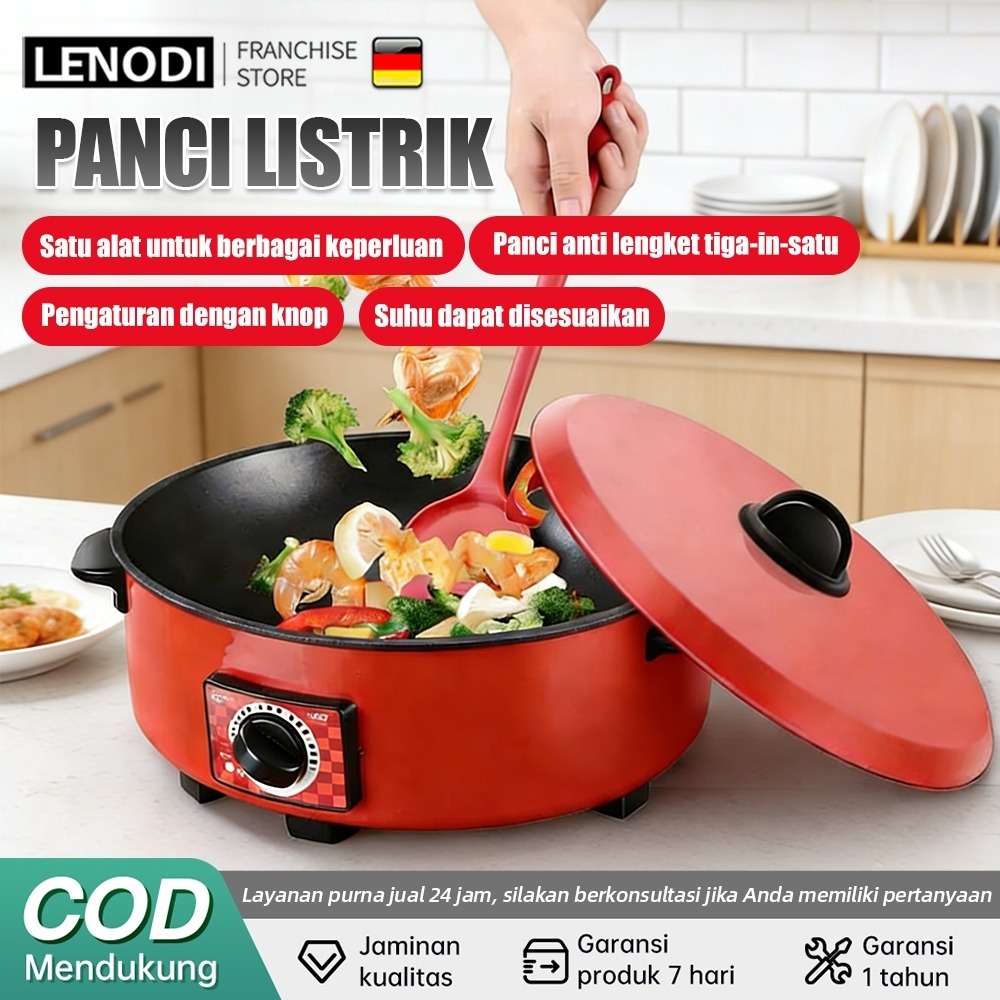 Wajan Enamel Multifungsi Teflon Besar 14 Inch Fry Pan Elektrik Anti Lengket 6L Panci Listrik Serbagu