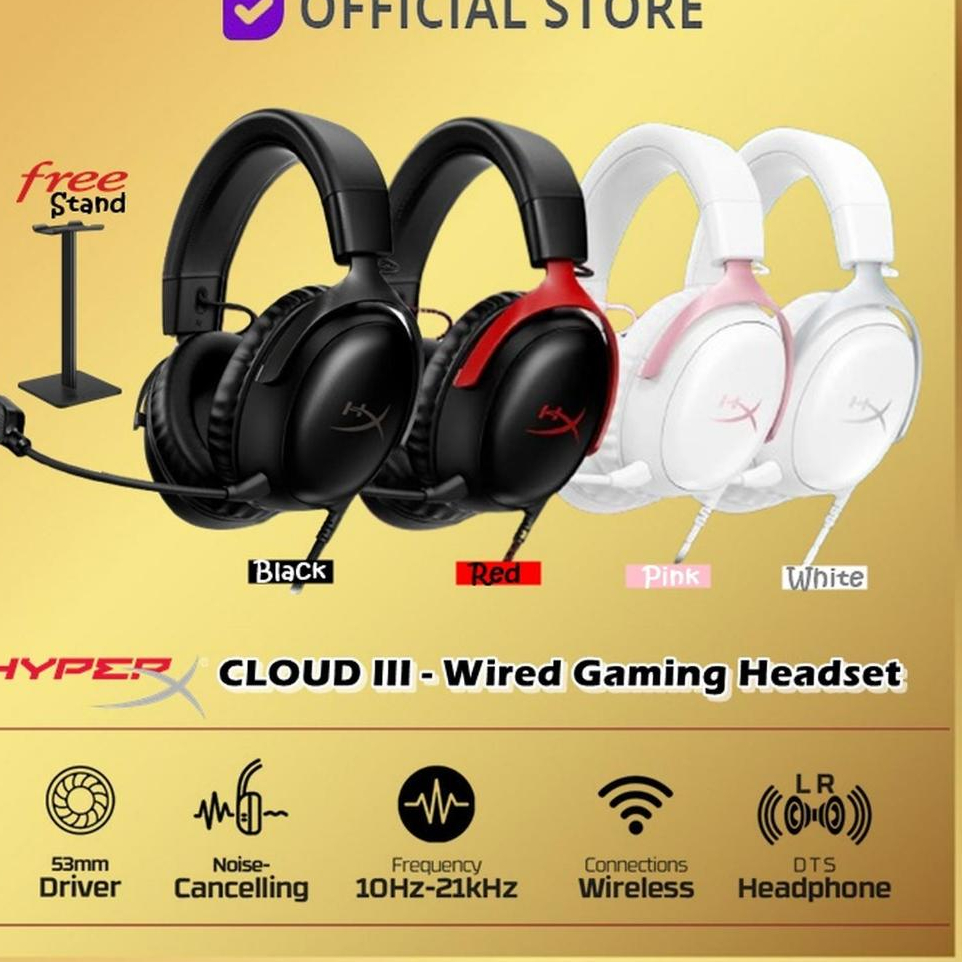 HyperX Cloud III 3 Gaming Headset Headphone (Black, Black Red, White Pink, White)
