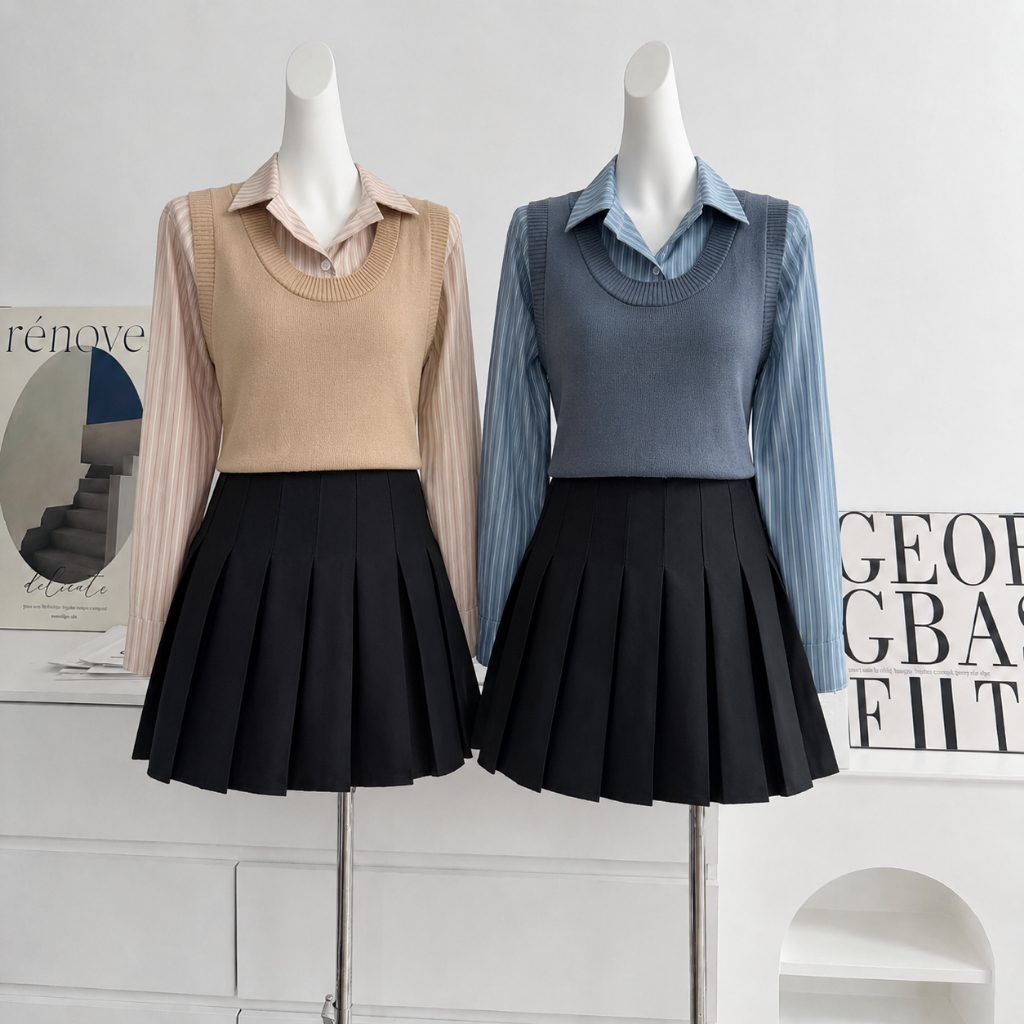[Hallyu] Vest Rajut Atasan Wanita Lengan Pendek Collar Knit Premium | Baju Wanita Vest Berkerah Crop