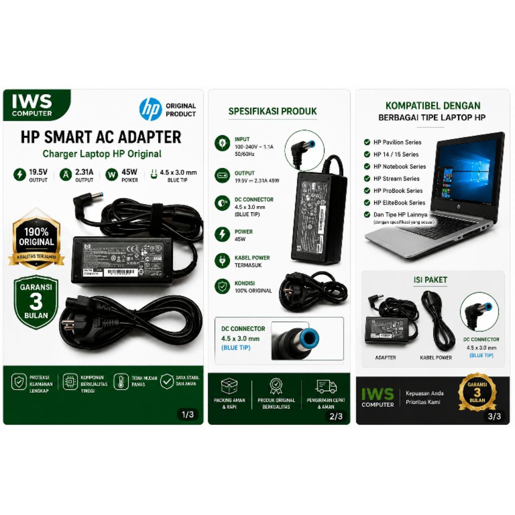 Cas Laptop HP Original 45W Smart AC Adapter Blue Tip 4.5x3.0mm Untuk HP 14 15 Series