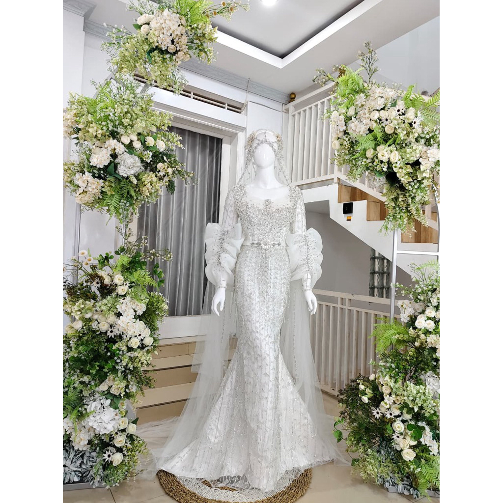 DRESS WEDDING NEW MODEL BEREKOR /KEBAYA PENGANTIN DUYUNG EKOR /BAJU PENGANTIN MUSLIM MODERN /GAUN WE