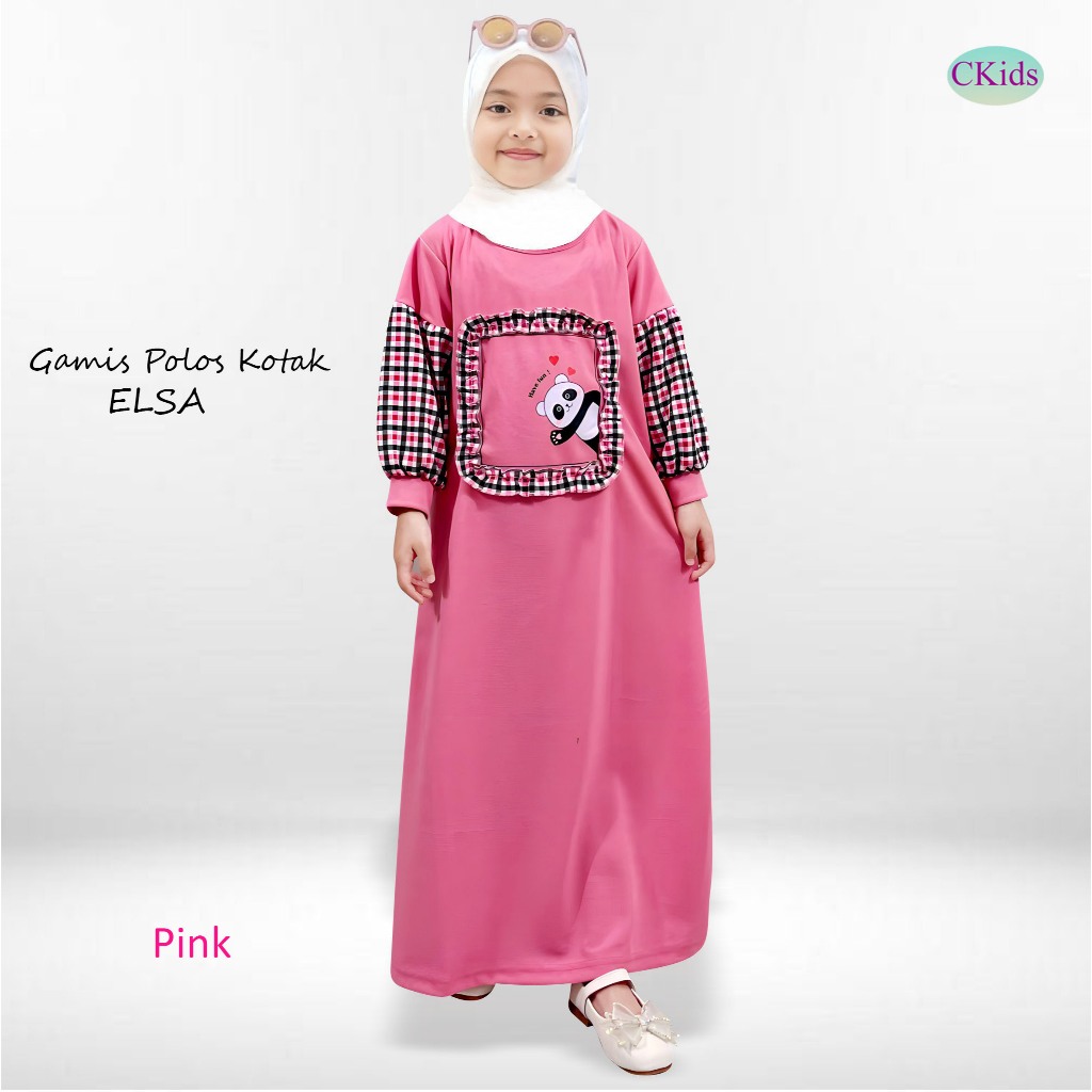 CKids Gamis Anak Polos Kotak Panda Elsa - Lengan Panjang Kombinasi Kotak