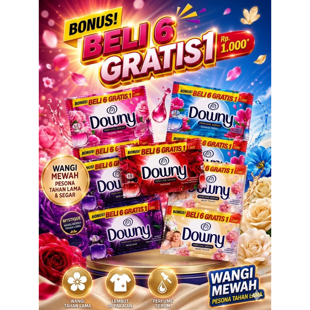 Downy Jumbo Pewangi pakaian Sachet 1 Renteng 6pc Free 1pc