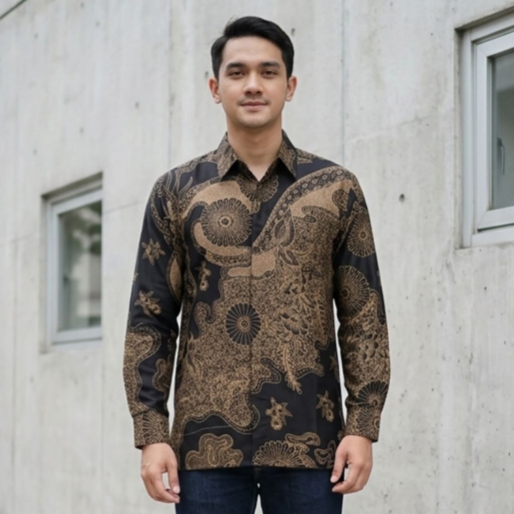 Batik Pria Lengan Panjang Maharaja Hitam Katun KM4353 baju Seragam Batik Cowok Pesta Pernikahan Dan 