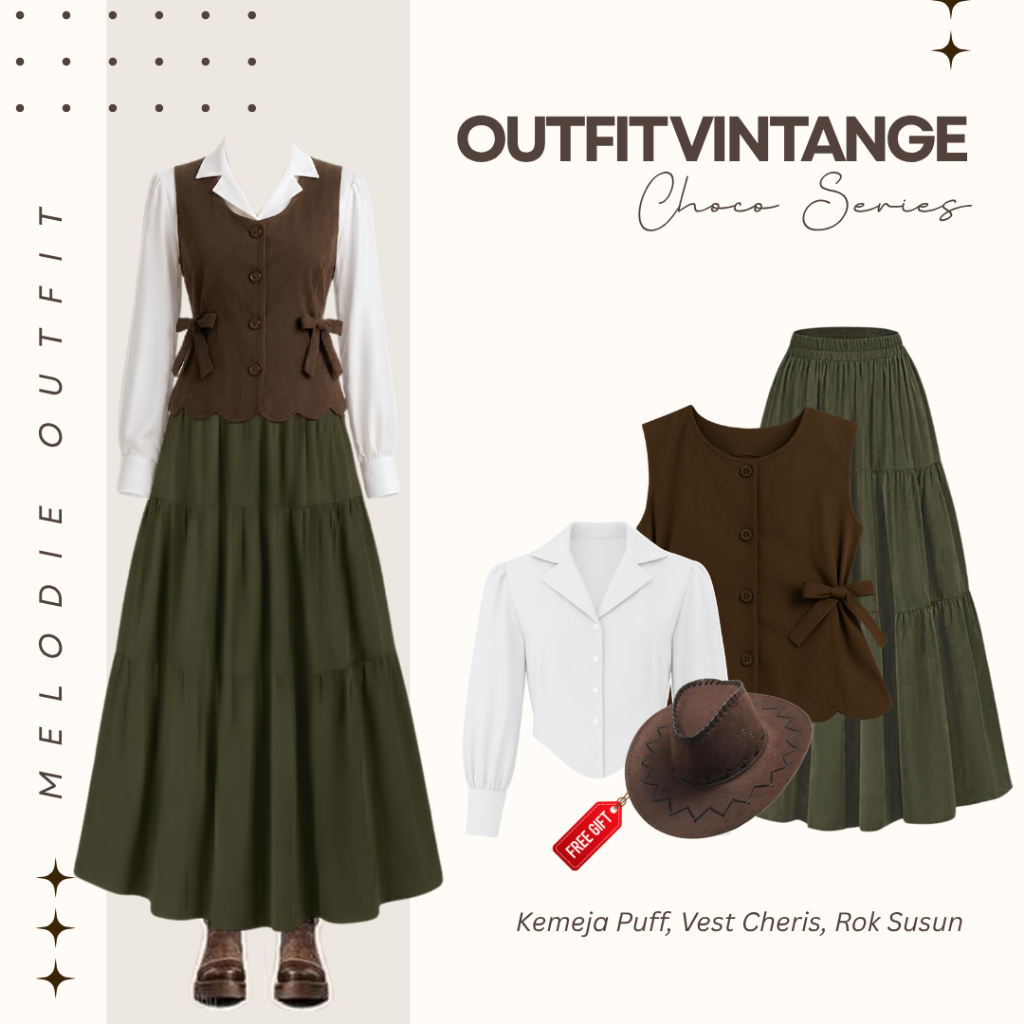 Outfit Vintage Style ( Topi + Kemeja + Vest + Rok ) Setelan Yearbook Remaja - MO265